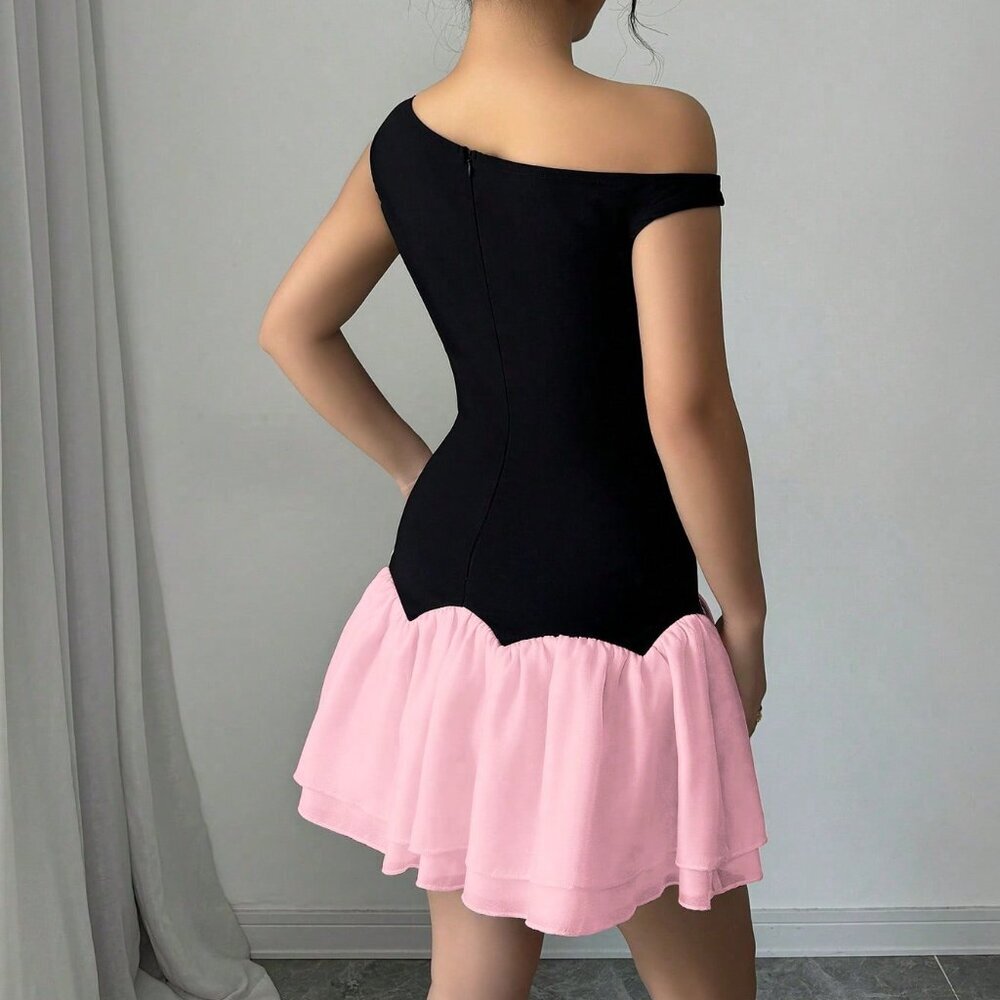 Pink Casual Women's Contrast Color Patchwork Chiffon Asymmetrical Mini Dress - Picture 2 of 6